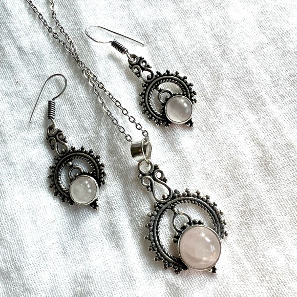 925 Ornamental Rose Quartz Earrings + Necklace SET - Picture 4 of 10